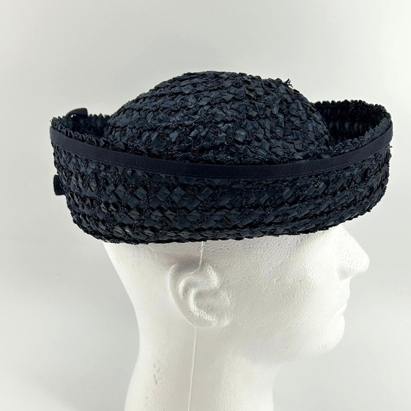 Vintage Black Cellophane Straw Pillbox Breton Hat Grosgrain Ribbon Bow Trim - Picture 4 of 6